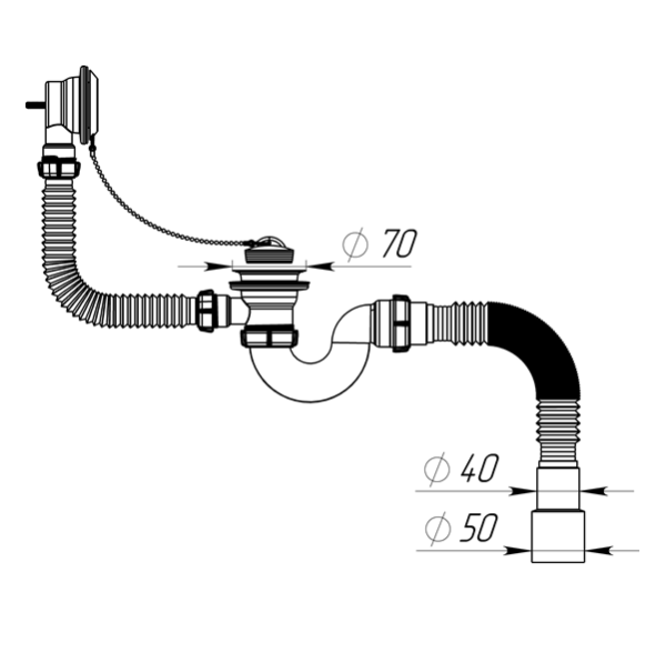 Сифон для ванны Sti V155-30-MR, 11/2"х40 с выпуском, переливом и гофротрубой 40х40-50